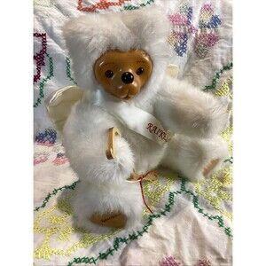 1990 Robert Raikes White Plush Wood Face Cupid Angel Teddy Bear Applause Inc